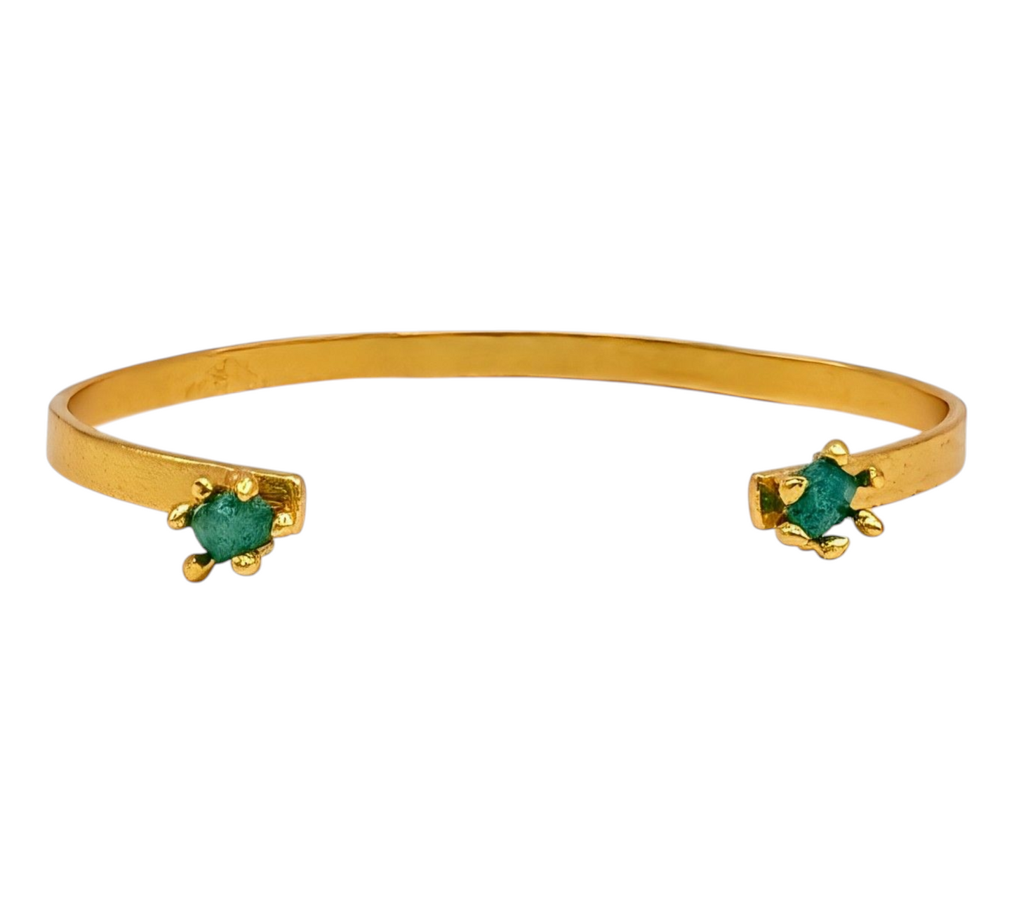 24-carat gold-plated open cuff bracelet with emeralds at each end