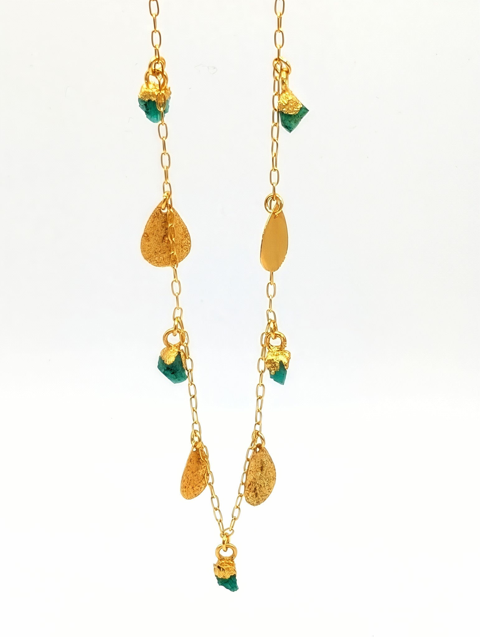 24-carat gold-plated chain necklace with textured pendants and emeralds mini pendants
