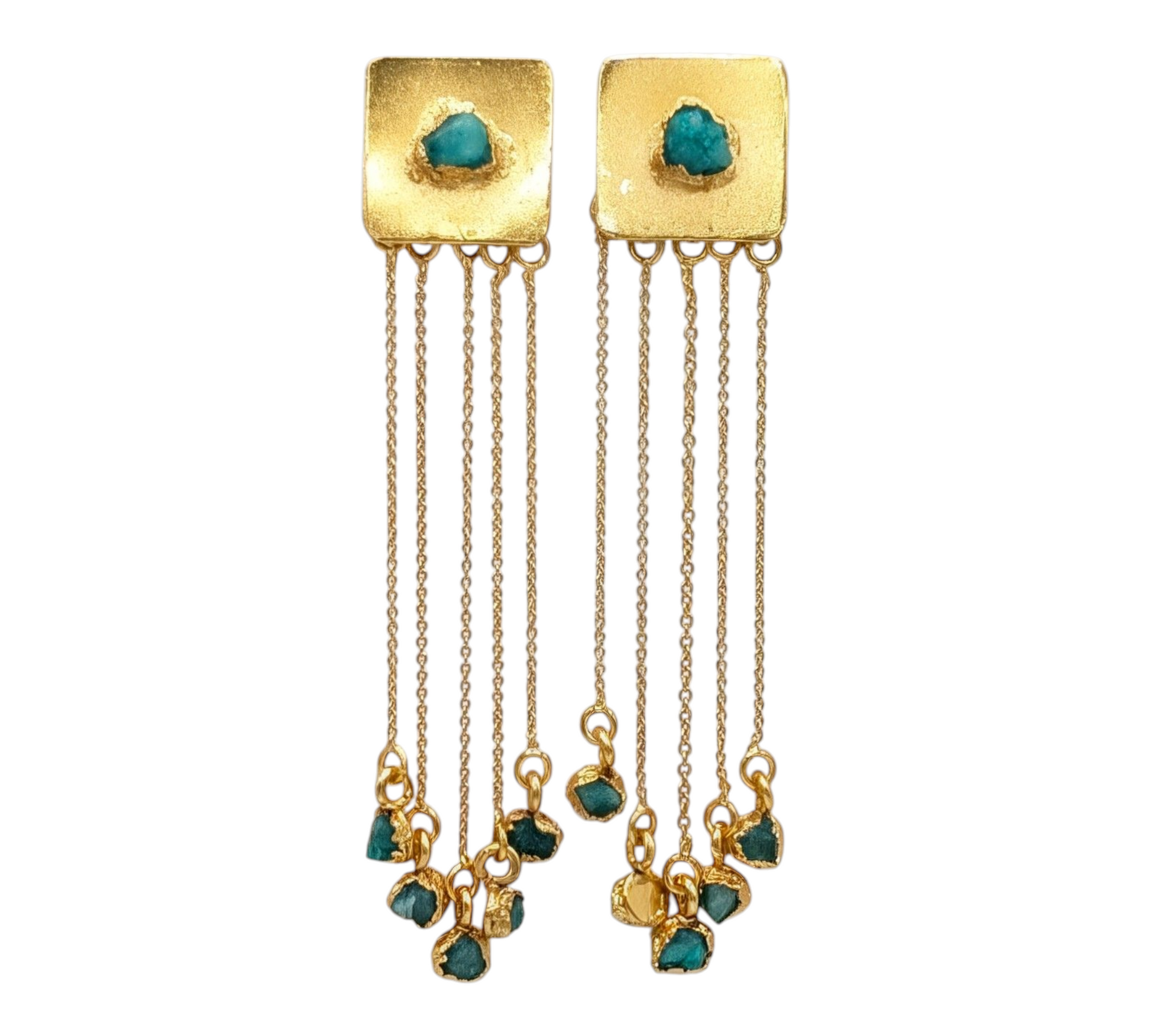 Square 24-carat gold-plated earrings with delicate chain drops and emerald nugget charms.