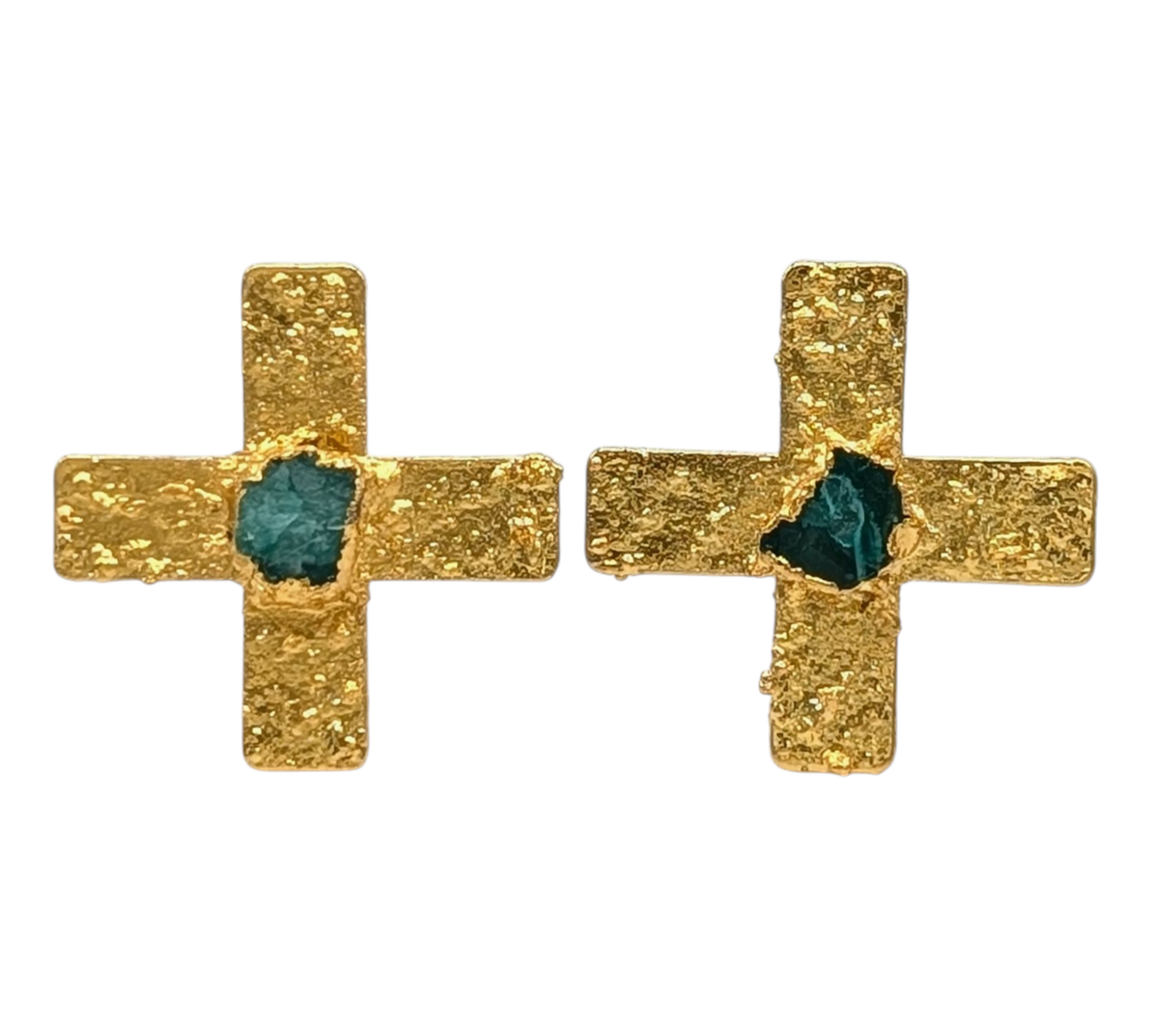 Gold cross-shaped earrings with emerald