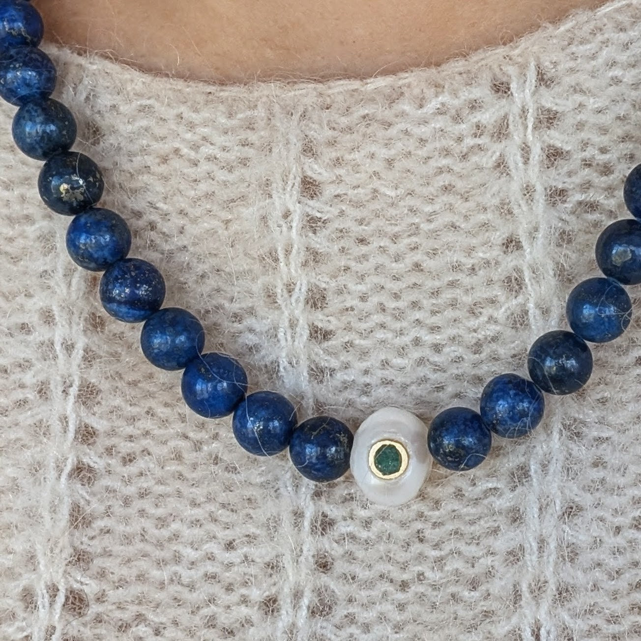 MARINA-Lapis Necklace with Pearl and Emerald Pendant
