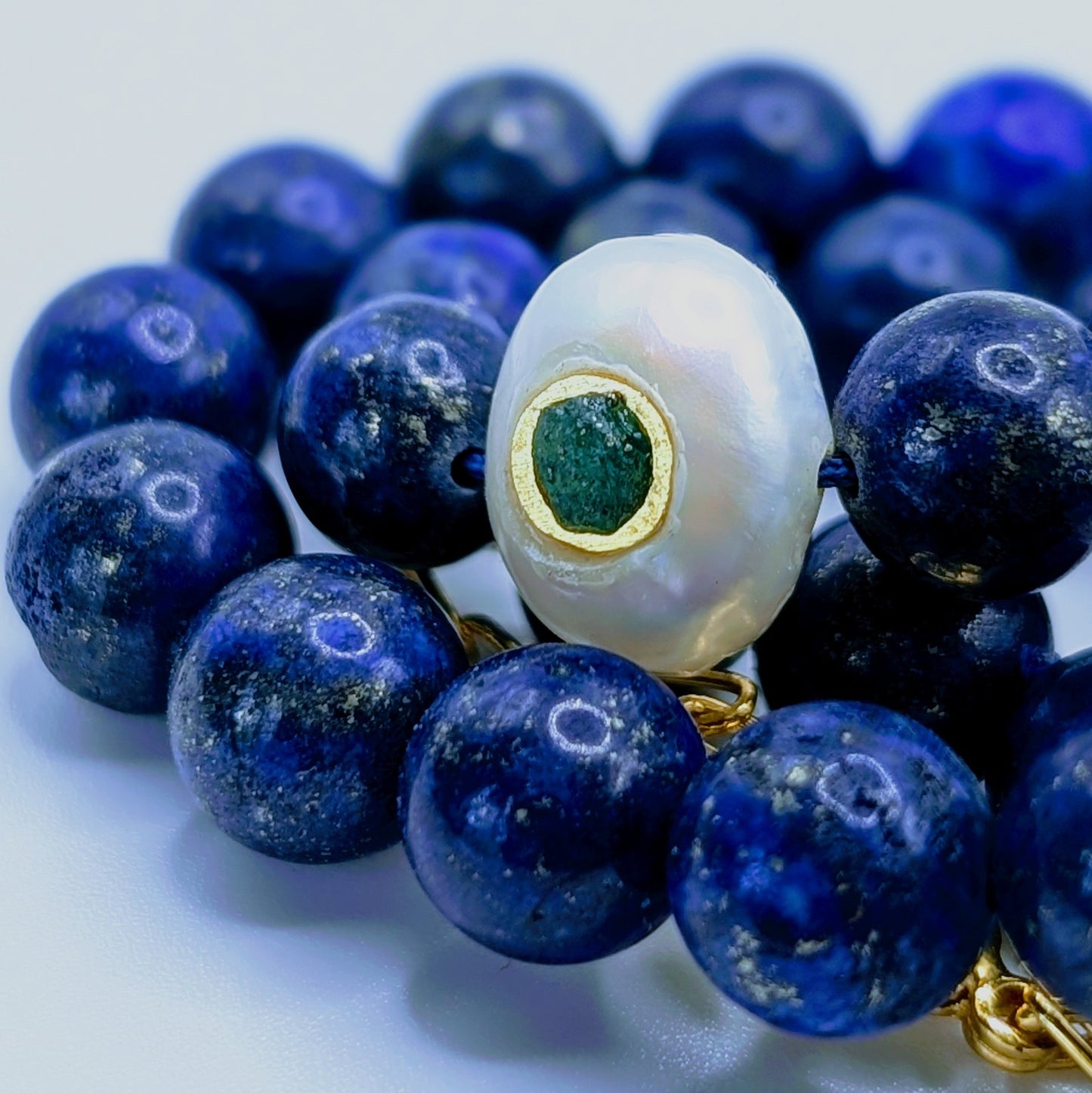 MARINA-Lapis Necklace with Pearl and Emerald Pendant