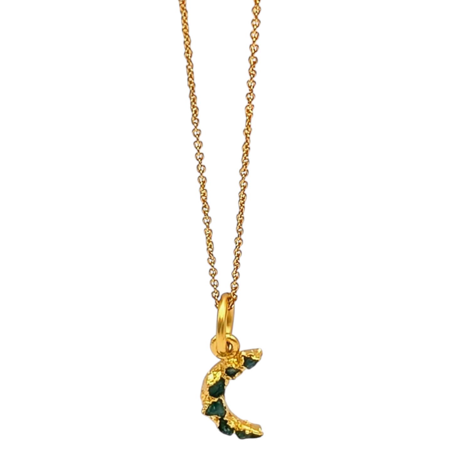 Gold plated necklace with a crescent moon pendant featuring Colombian emeralds