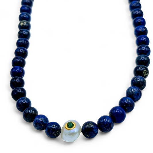 MARINA-Lapis Necklace with Pearl and Emerald Pendant