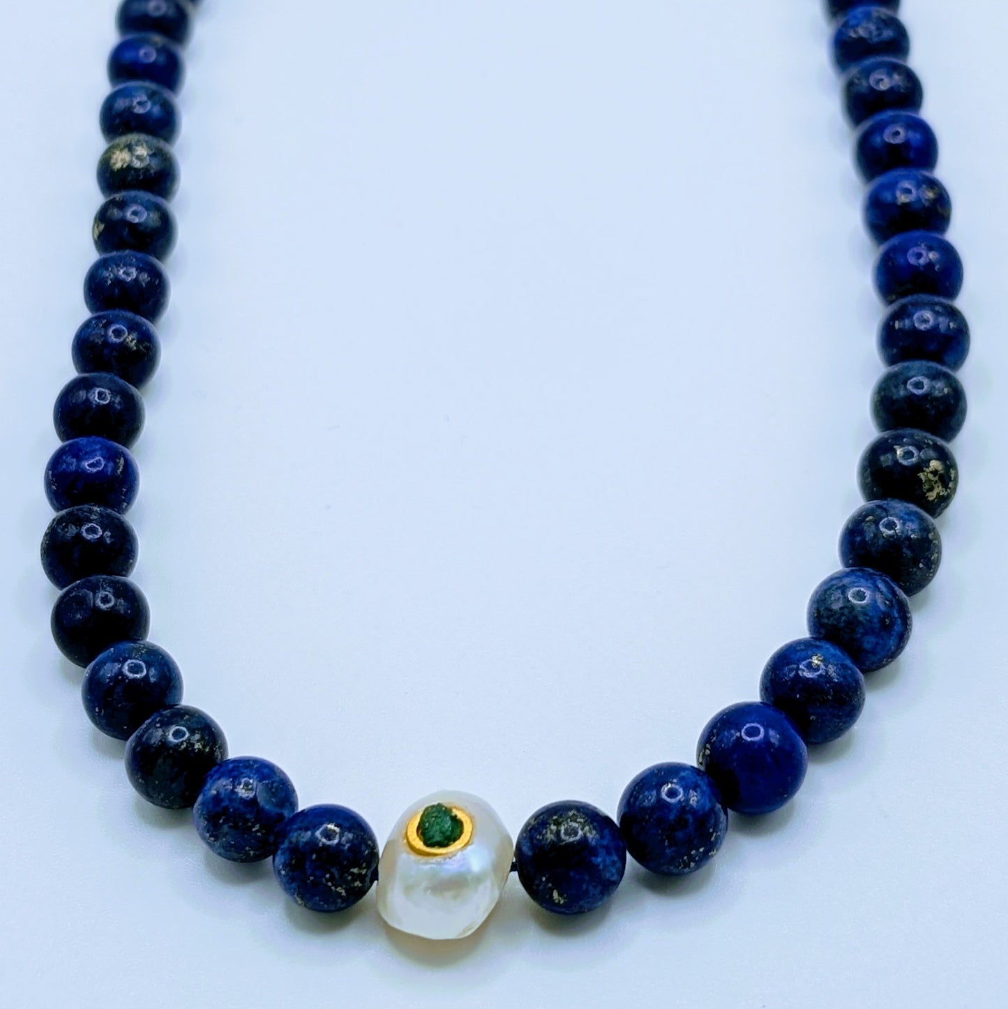 MARINA-Lapis Necklace with Pearl and Emerald Pendant