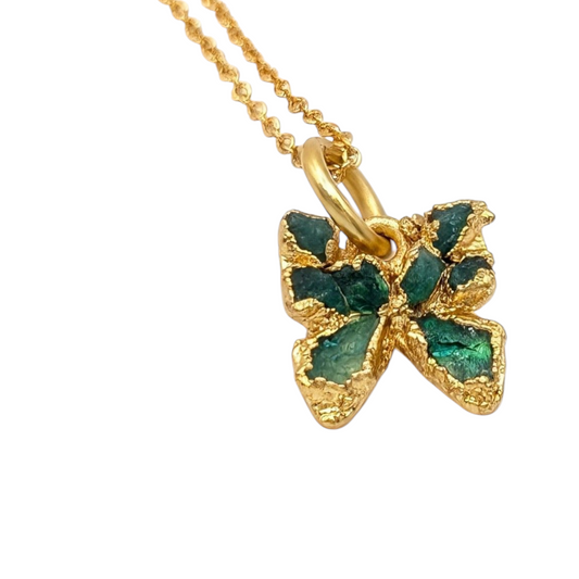 Gold Plated Butterfly Pendant Necklace with Colombian Emeralds