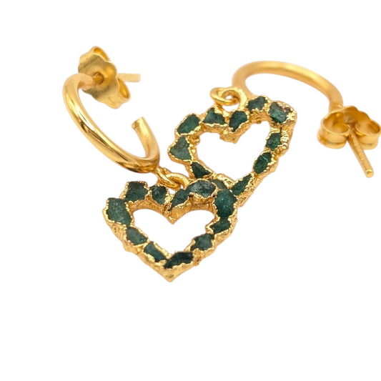 Gold heart-shaped earrings with Colombian emeralds