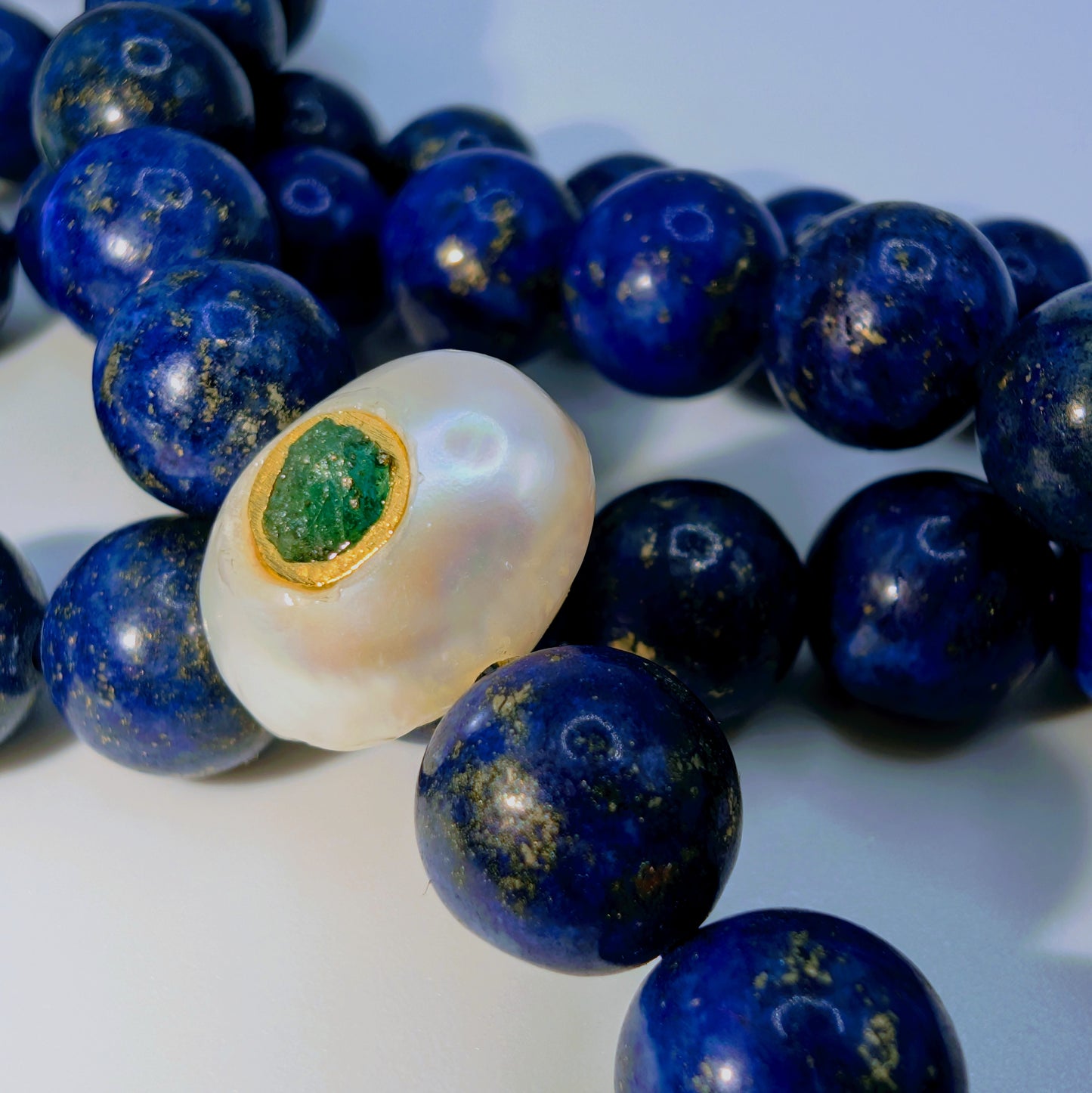 MARINA-Lapis Necklace with Pearl and Emerald Pendant
