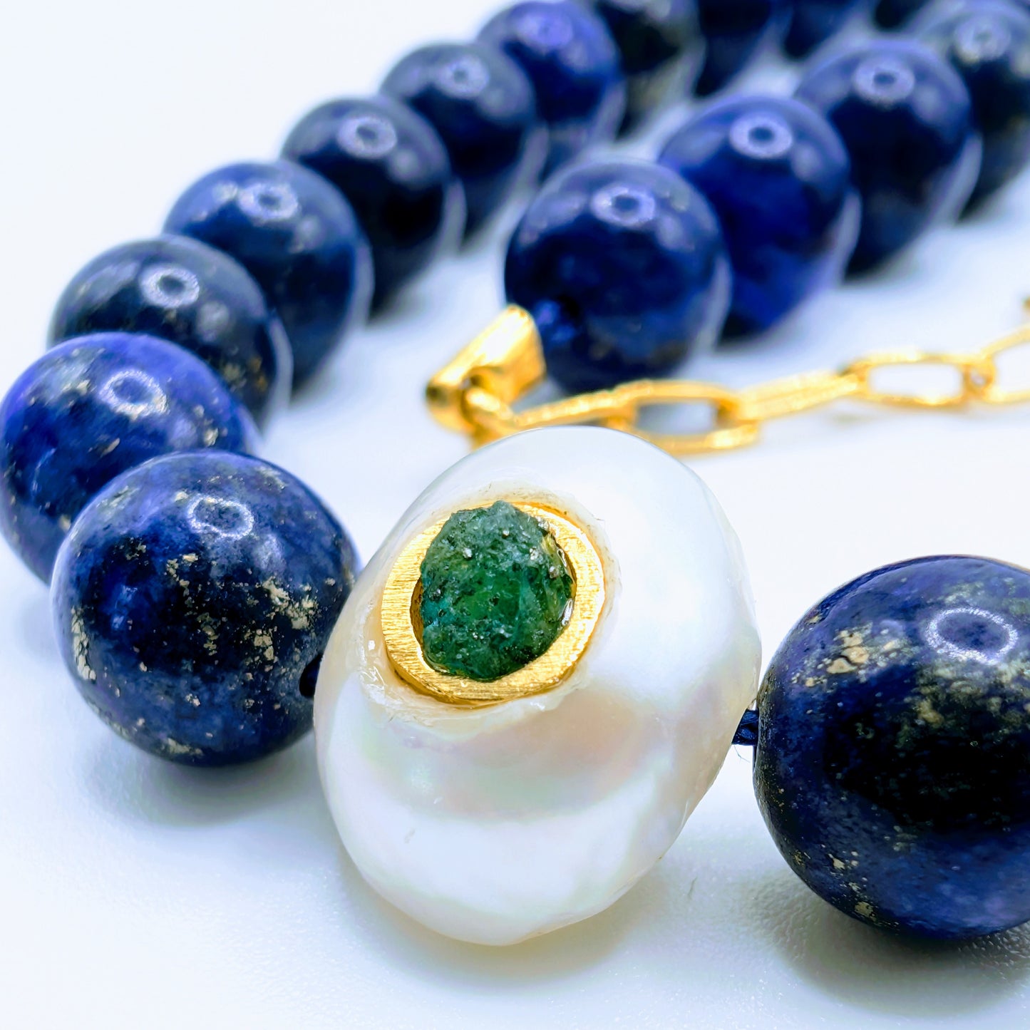 MARINA-Lapis Necklace with Pearl and Emerald Pendant