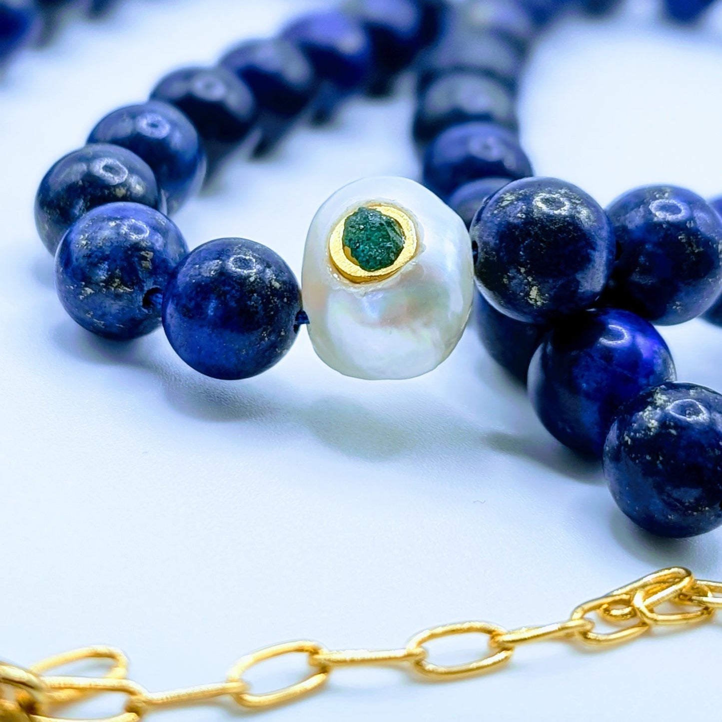 MARINA-Lapis Necklace with Pearl and Emerald Pendant